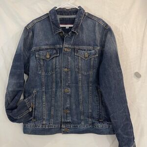 Tommy Hilfiger Denim Jacket Mens XL Blue Trucker 100% Cotton Button Front Washed